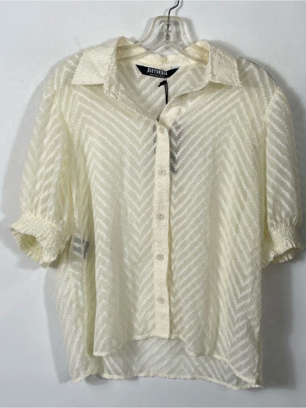 Disturbia Womens Chevron Button Up Blouse Top White Sheer Puff Sleeve Sz 12 NWT